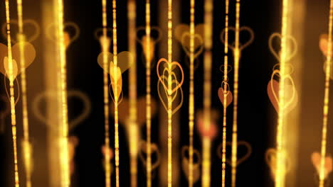 golden hearts rotate on beads. yellow vertical lines with blurry bokeh. abstract animated background with moving elements.