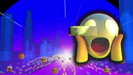 animation of scary emoticon over internet icons moving fast on metaverse city background