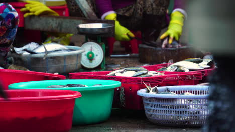 variety of fresh fish selling along the street of phan thiet market with motorcycles and people passing by