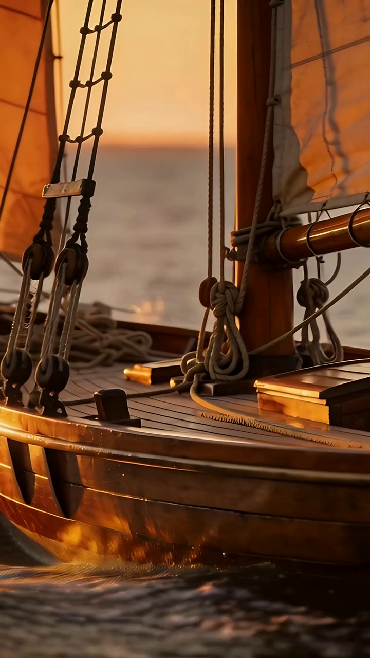 Video verticale: Prua di legno e ponte di dritta che fendono il mare al crepuscolo, con vela gonfiata dalla brezza e cime