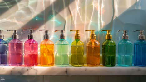 colorful soap dispensers on a marble shelf