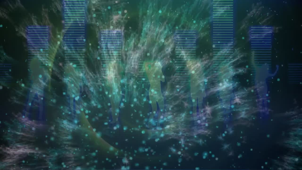 Animation of fireworks and lights over dancing people on dark background