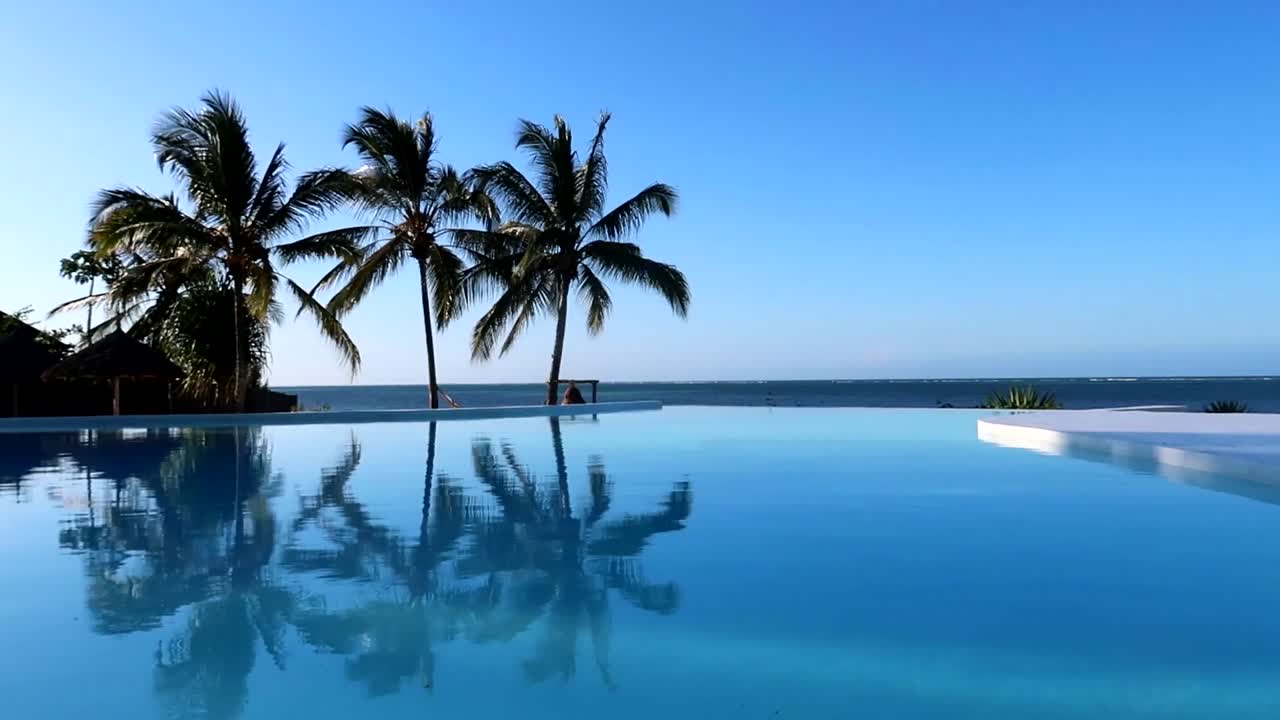 Luxus-Infinity-Pool mit Palmenspiegelung und Blick auf den Indischen Ozean