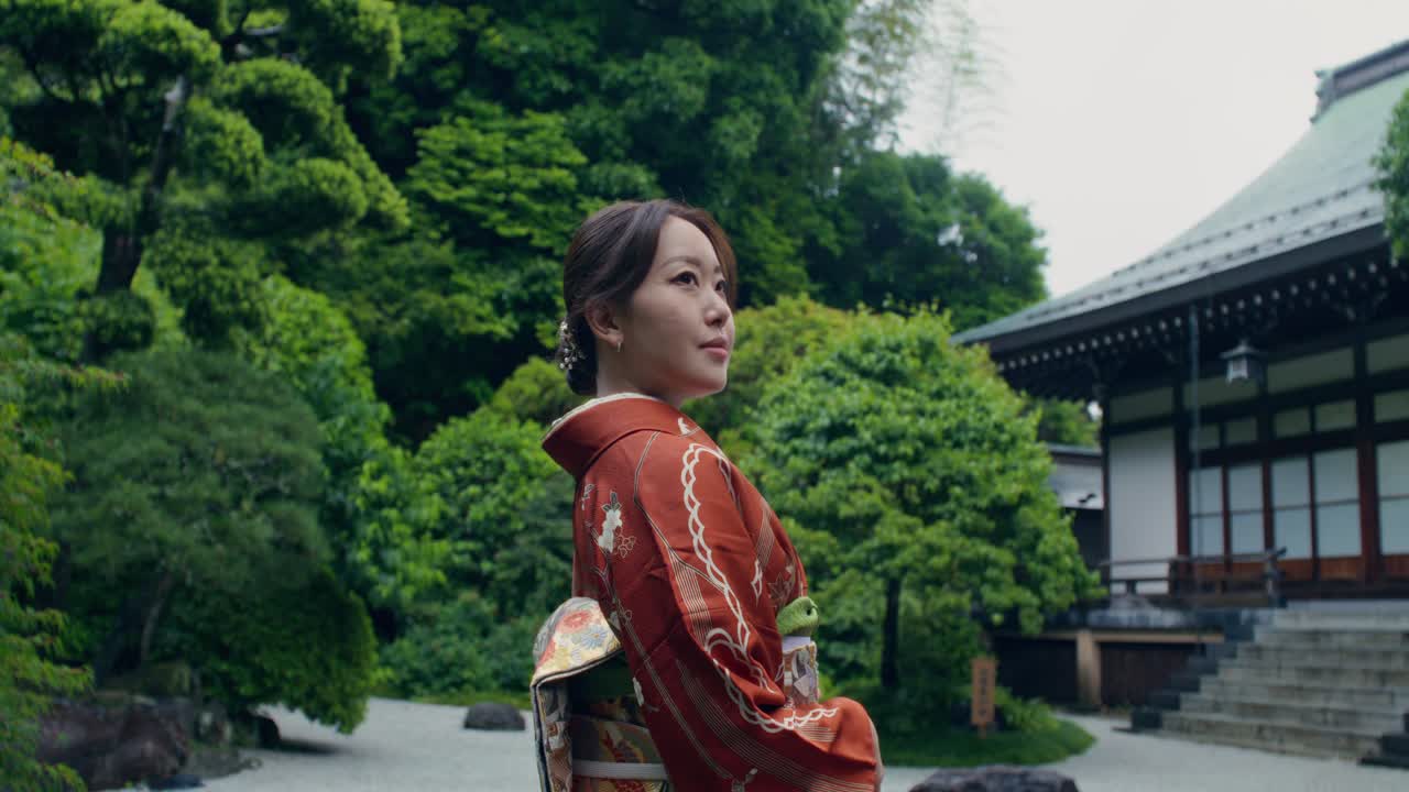 Woman in Kimono at a Japanese Temple
