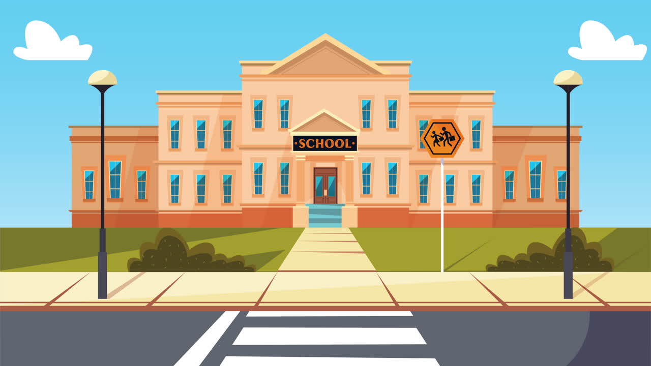 전면 건물과 함께 학교 애니메이션으로 돌아갑니다.