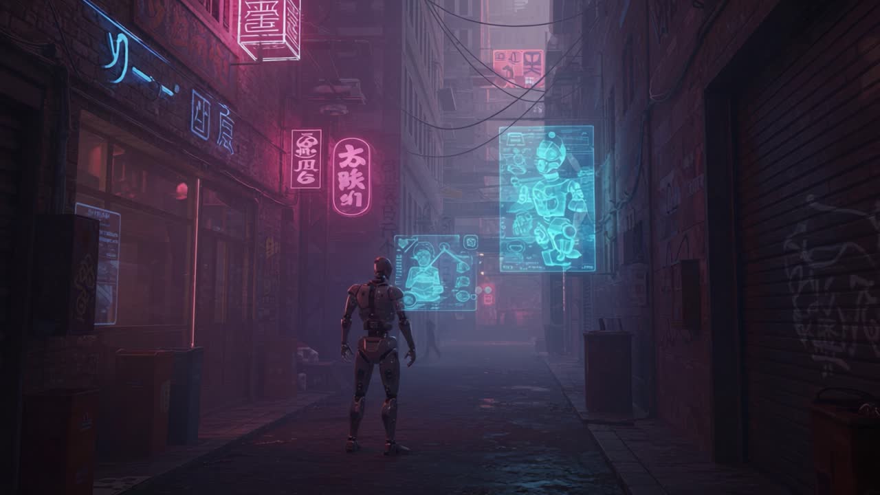 Un callejón futurista lleno de neones y proyecciones holográficas, que muestra una figura robótica en medio de un entorno urbano vibrante inmerso en tecnología y arte