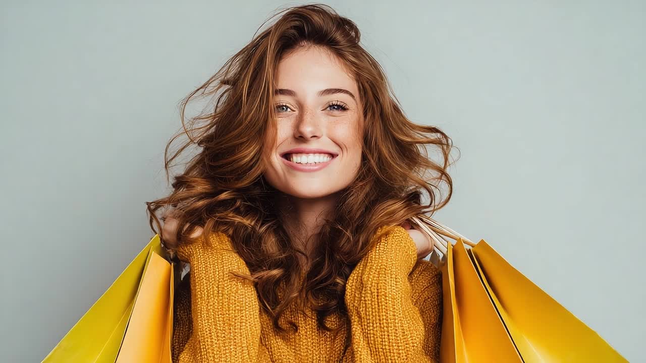 Smiling woman enjoying shopping with yellow bags in a cozy setting
