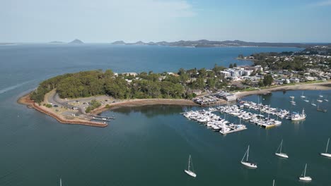 soldiers point overlooking nelsons bay with tomaree nationalpark in background