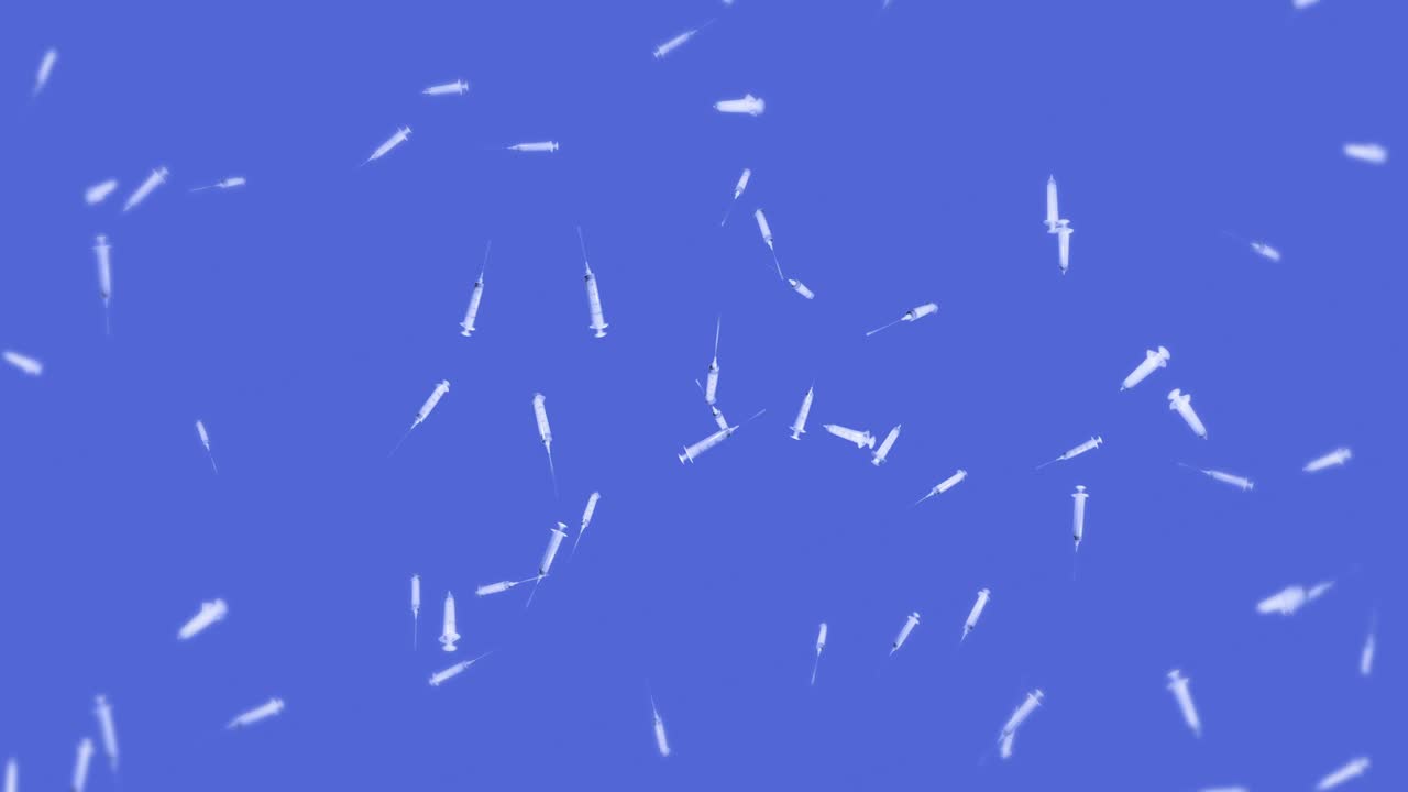 Flying many syringes for injection on blue background. Medical concept. Vaccine against the virus. Healthcare therapy. 3D loop animation.