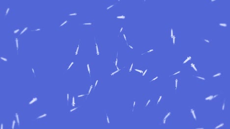 volando muchas jeringas para la inyección en fondo azul. concepto médico. vacuna contra el virus. terapia de atención médica. animación de bucle 3d.