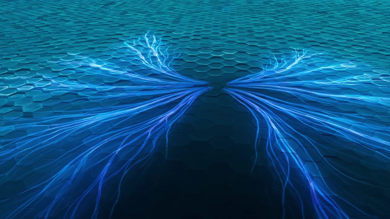 Linee astratte blu luminescenti che si diffondono su una griglia esagonale.
