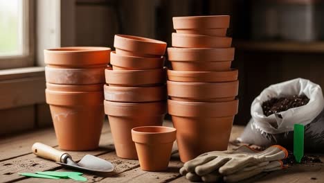 a collection of terracotta pots stacked neatly on a rustic wooden surface, perfect for indoor or outdoor gardening projects and creative plant displays