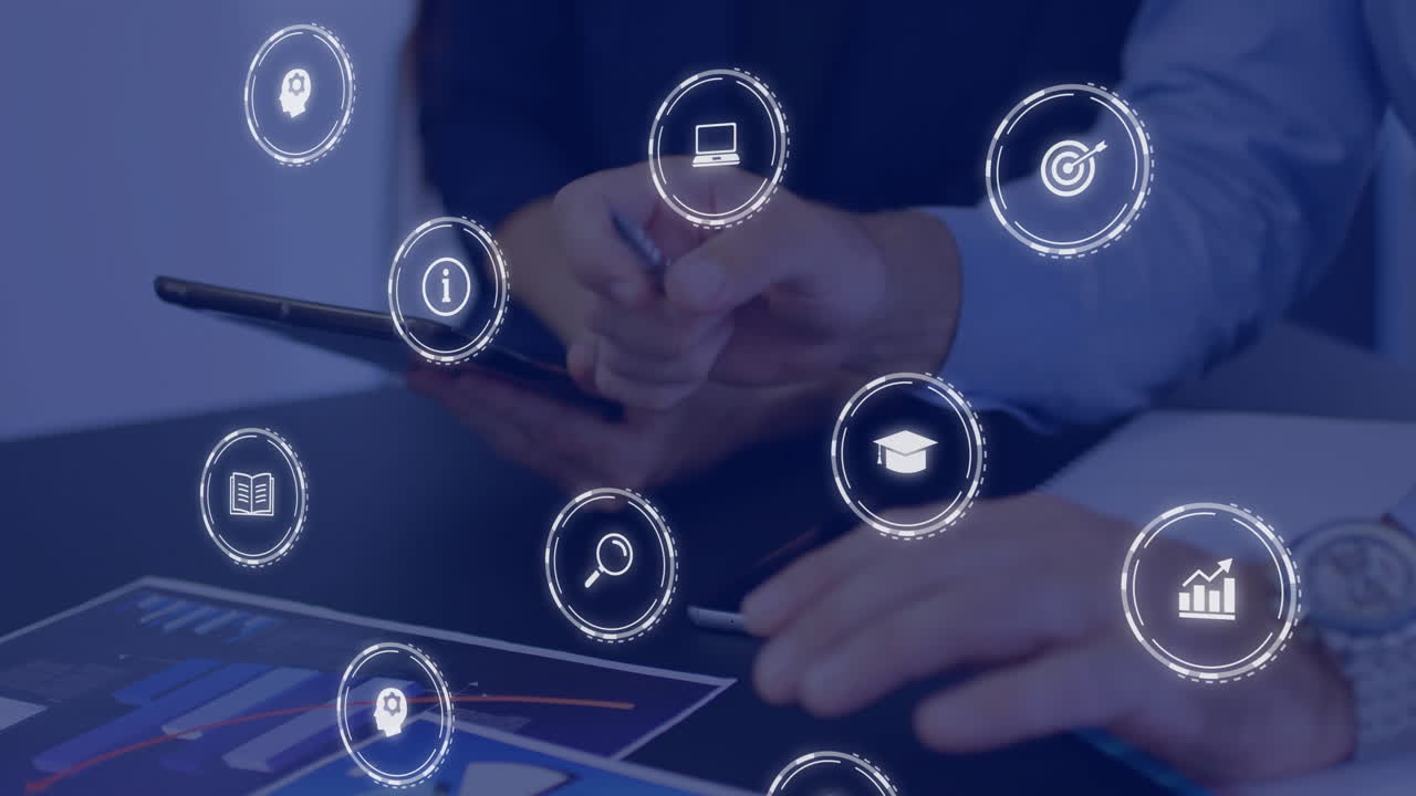 animación de iconos de negocios sobre diversas personas de negocios discutiendo el trabajo