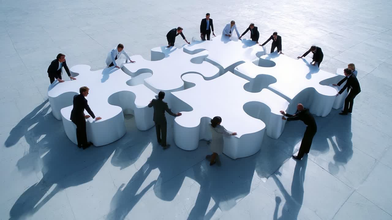 A Group of Professionals Collaboratively Assembling a Large White Puzzle on a Smooth Surface, Symbolizing Teamwork, Strategy, and Problem-Solving in a Corporate Environment