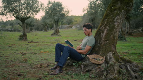 hombre relajado volviendo páginas en el lugar de la noche del árbol de olivo. trabajador tranquilo leyendo un libro