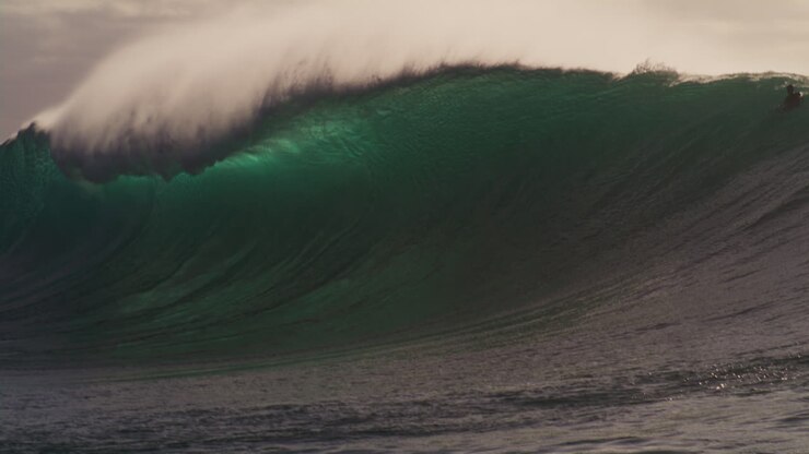 Shimmering green crystal clear big wave barrel and shoulder spits spray in slow motion