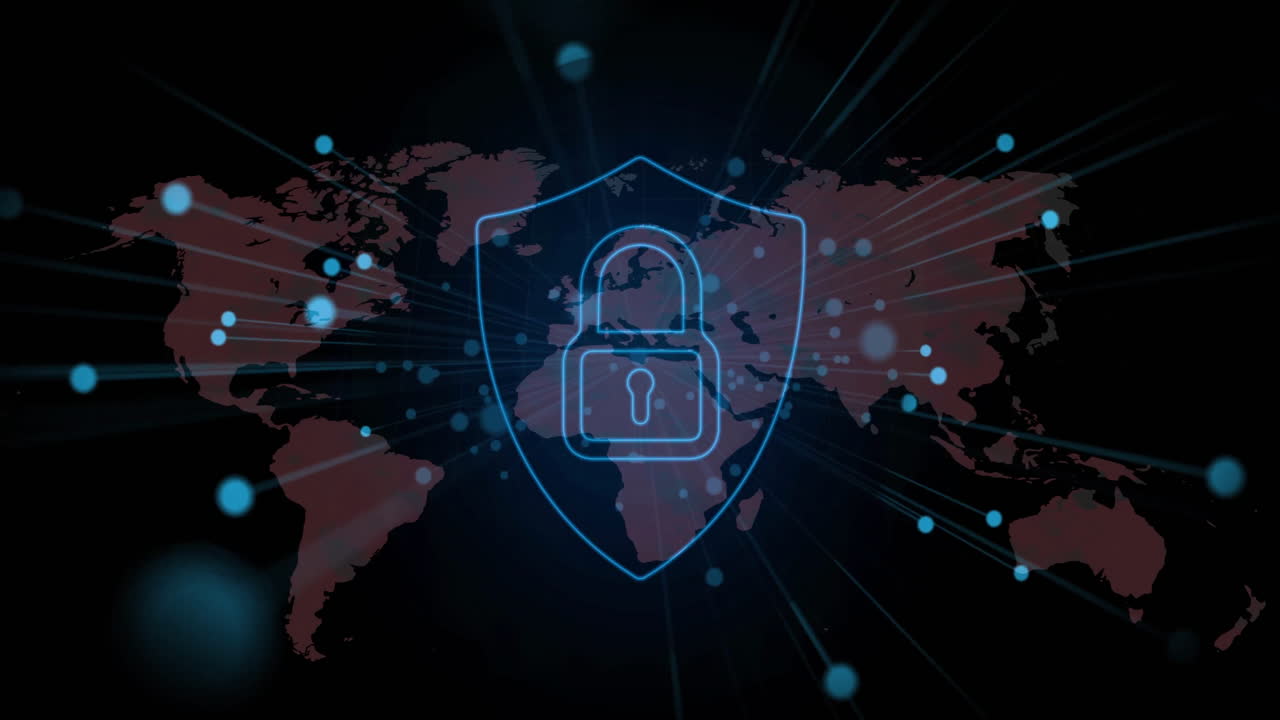 Animation of padlock icon and digital data processing over world map