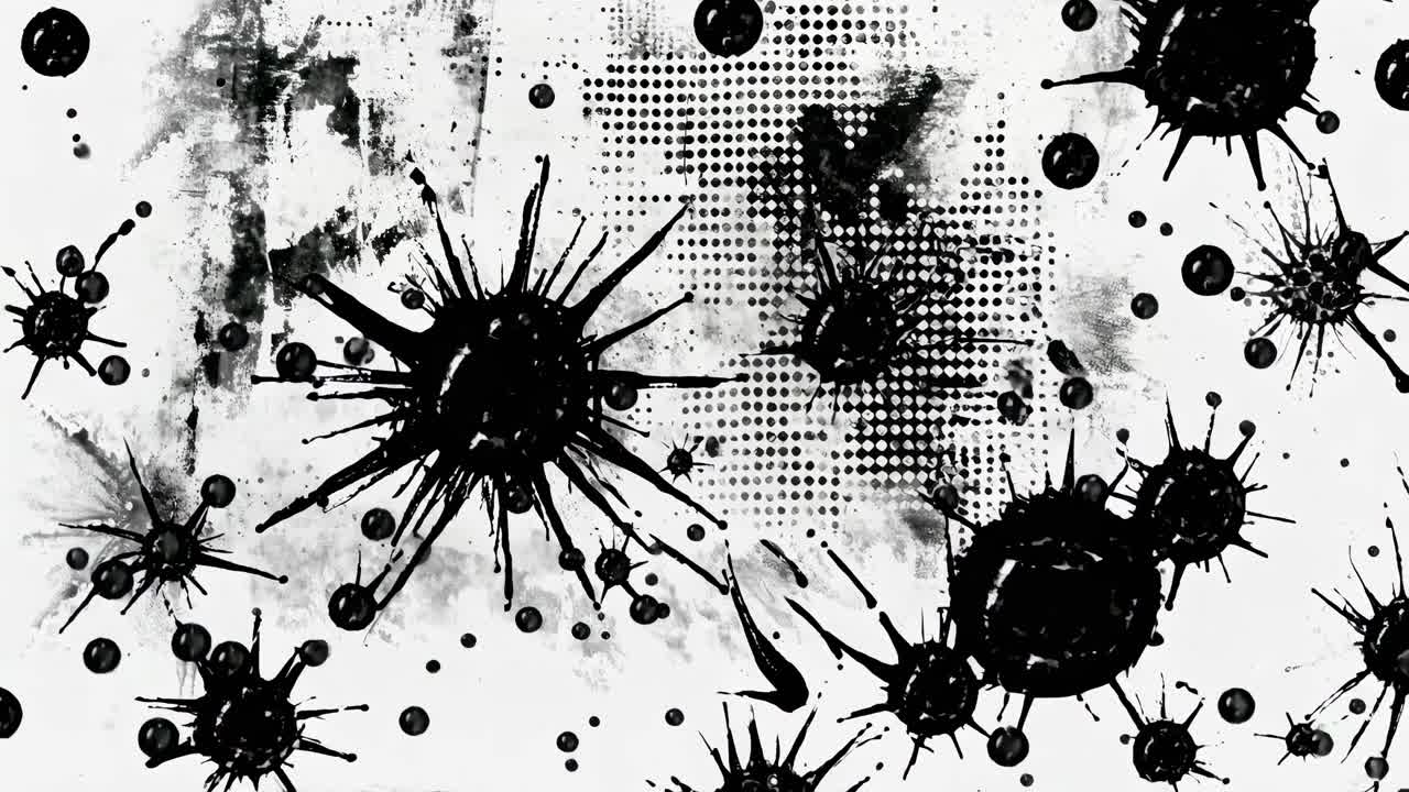 Arte video astratta con macchie d'inchiostro e motivi mezzatinta su sfondo bianco