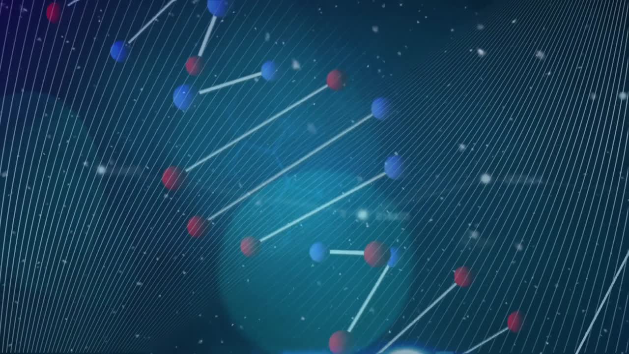 animación de la cadena de adn girando sobre un fondo azul con formas y números