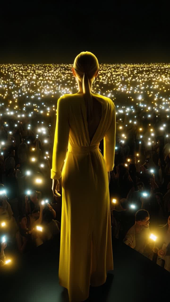 Una figura radiosa in uno splendido abito giallo si erge davanti a un mare di luci scintillanti e volti incantati, incarnando grazia e fascino in un'occasione memorabile.
