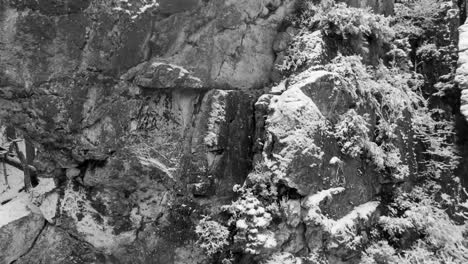 black and white aerial of snow covered rock in the winter forest while snowflakes falling out of the sky