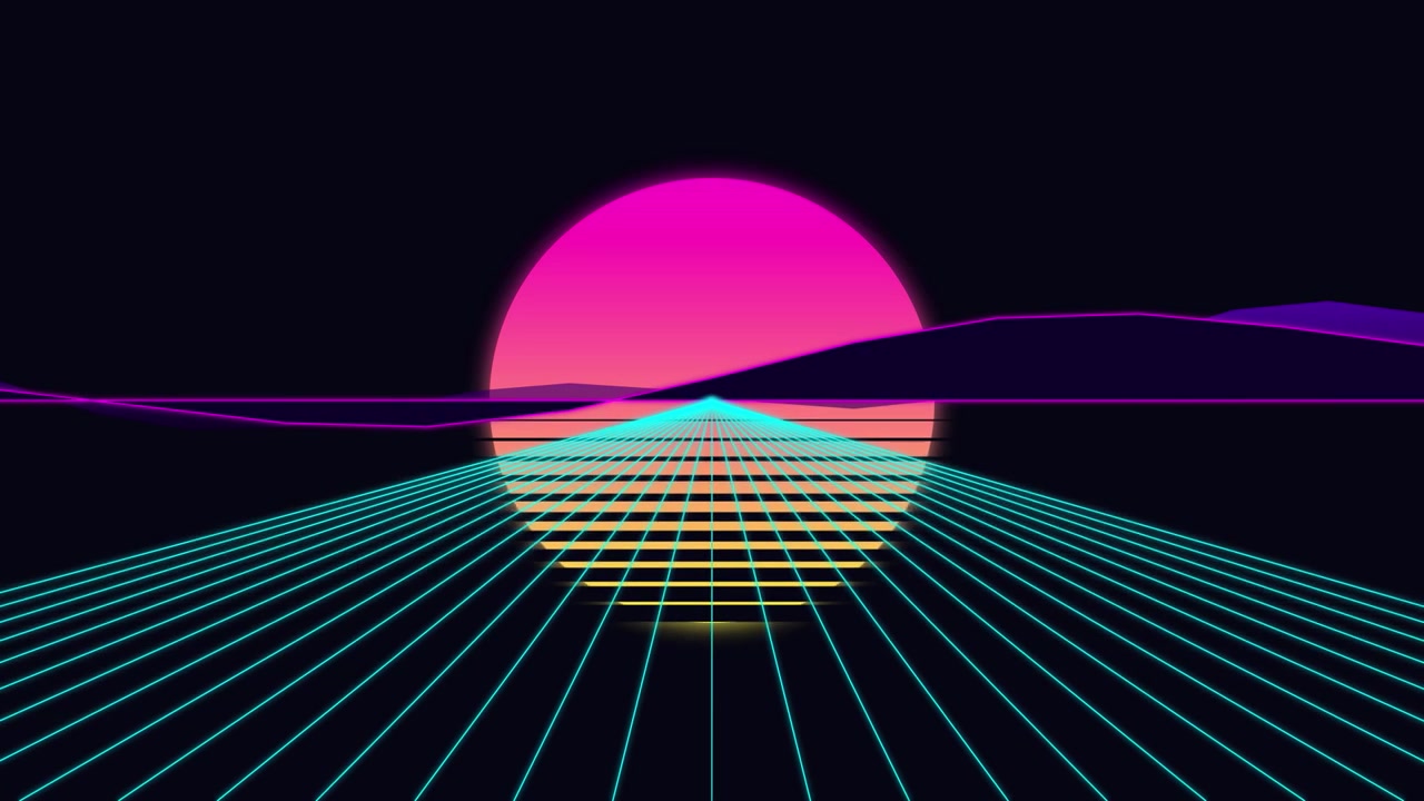 Retro Synthwave Style Animation with Glowing Sun and Grid