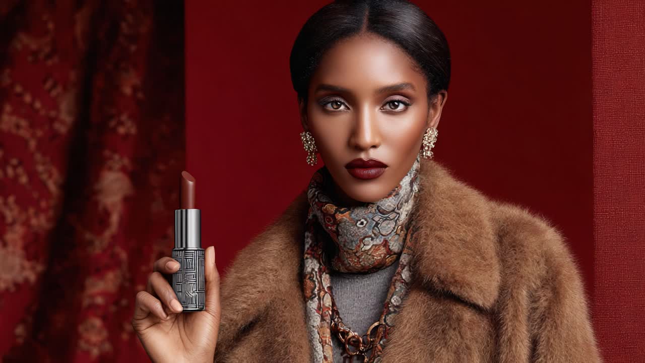 Elegant Beauty: A Glamorous Fashion Portrait Featuring a Model with Rich Lip Color and Luxurious Accessories Against a Deep Red Background