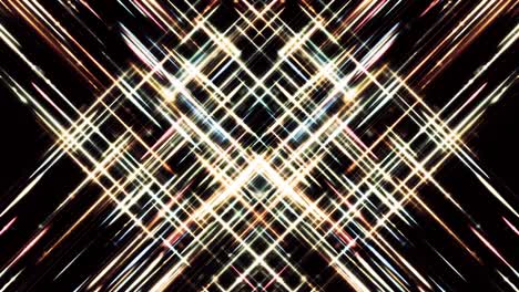 flujos abstractos de segmentos blancos y dorados brillantes que se cruzan sobre un fondo negro, bucle sin costuras. animación. rayas diagonales brillantes que forman una silueta de un rombo.