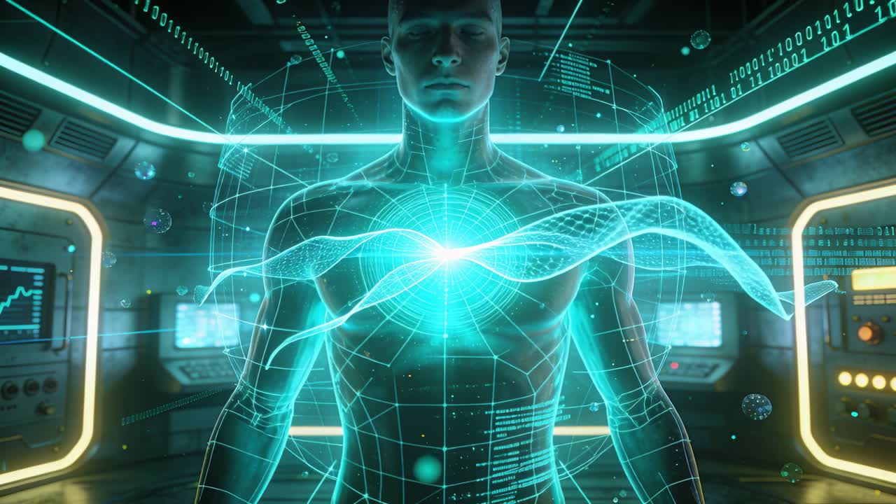 Chest core rising sparking avatar emitting cyan ribbons helix across chest in tech lab for analysis