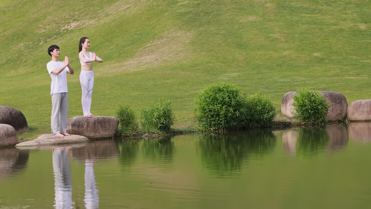 Giovane coppia spirituale e calma in piedi vicino al lago di un parco verde con gli occhi chiusi in posizione del loto, che pratica la meditazione respiratoria yoga, eseguendo il gesto namaste e tenendo le mani in mudra mentre si allena con esercizi yoga
