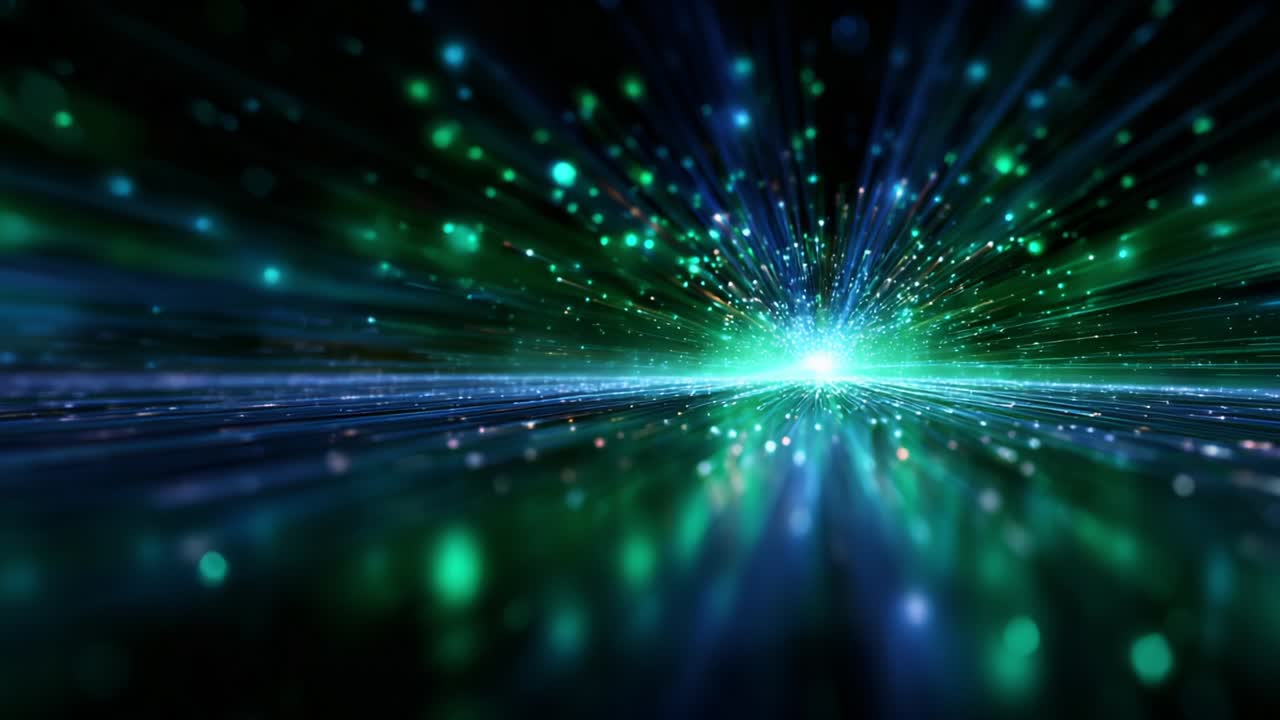 An enchanting display of vibrant green and blue light beams radiating outward within a cosmic-like environment, creating an immersive visual experience full of glowing particles and dynamic energy