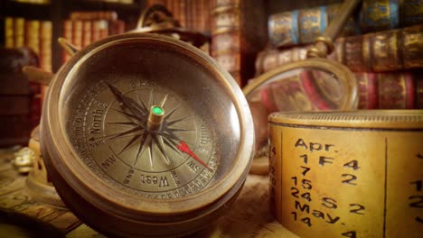 vintage style travel and adventure. vintage old compass and other vintage items on the table.