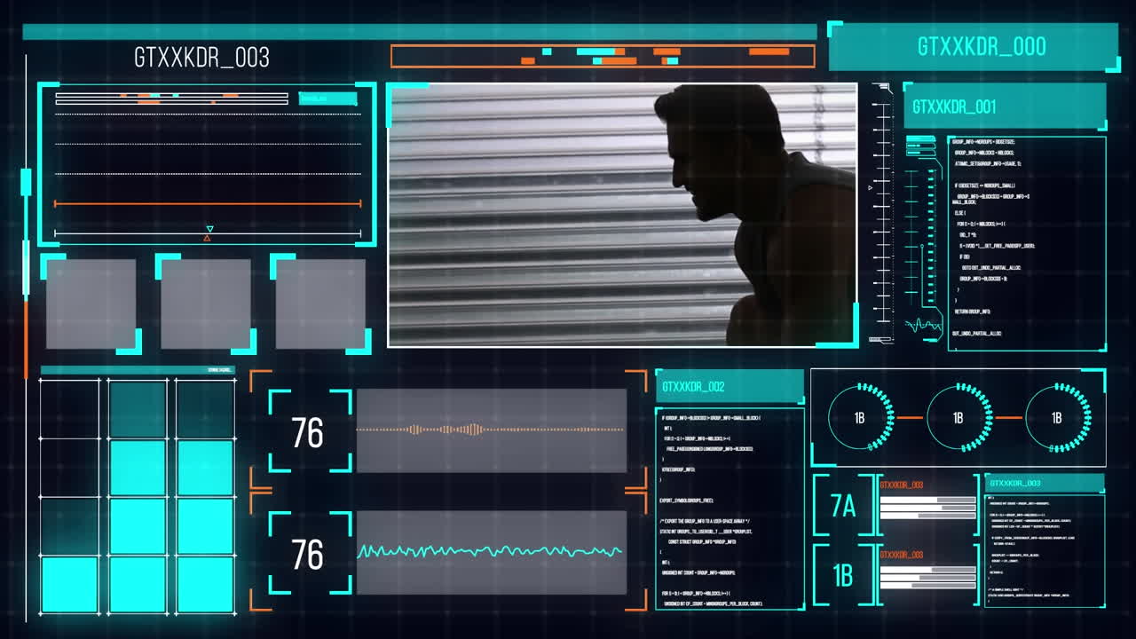 Animation of data processing on screens over man exercising
