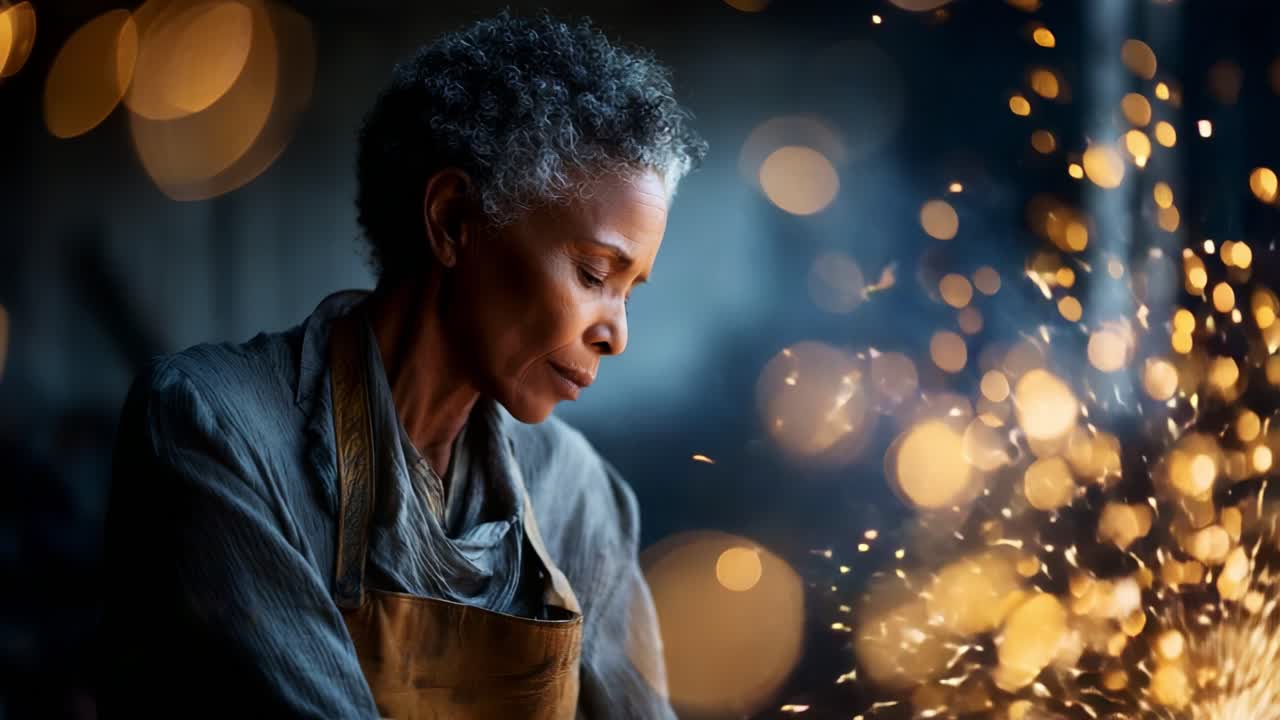 A Craftsman's Passion: Captivating Portrait of a Female Artisan Engaged in Metalwork, Showcasing Sparks and Artistry in a Warm, Glowing Atmosphere of Labor and Creation