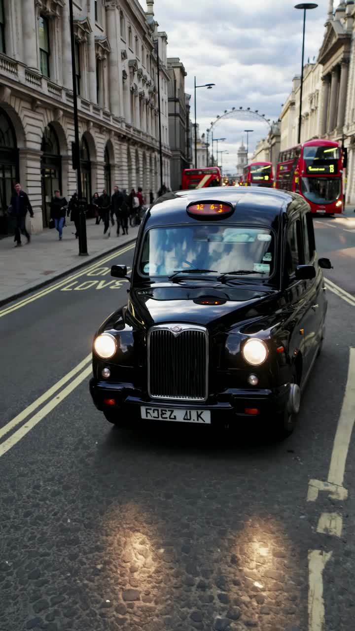 Street-level view of a classic black taxi on a bustling London street, capturing urban life