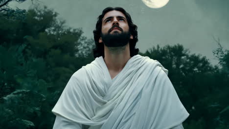 man in white robes praying under full moon in a serene forest setting