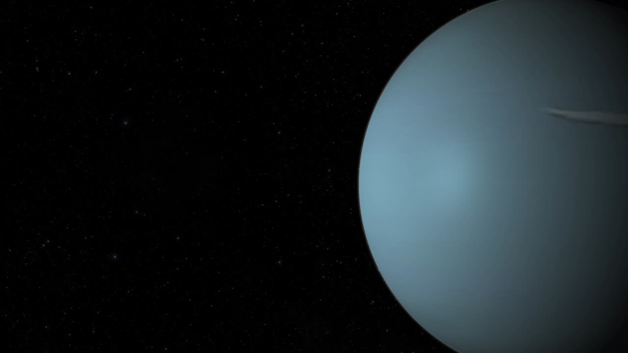 compuesto cgi: planeta urano girando, pantalla a la derecha, medio iluminado con un fondo estrellado