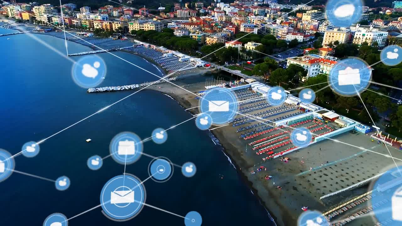 red de iconos digitales contra una vista aérea del paisaje urbano en el fondo