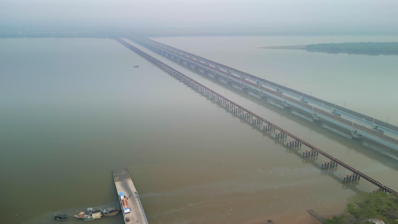 Bhayandar to naigaon vasai creek railway bridge empty drone shot