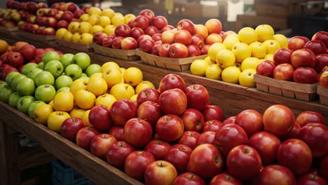 vibrant display of fresh apples at a market with varieties showcasing red, green, and yellow fruits arranged neatly in baskets under bright lighting
