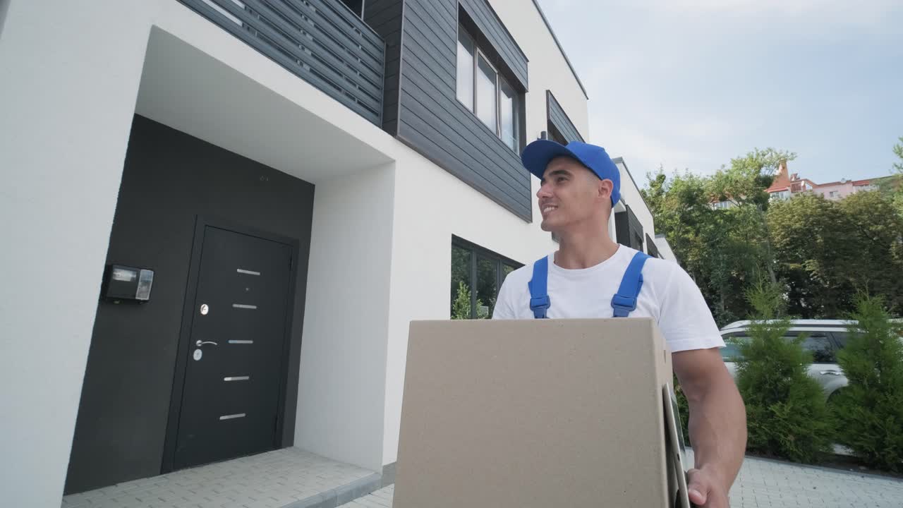 joven mensajero con un paquete y una tableta caminando por la calle para entregar una caja directamente a la casa de un cliente.