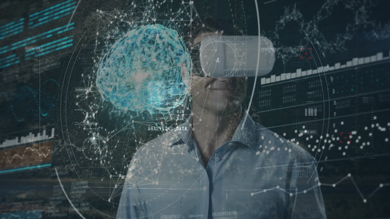 animación de la red de conexiones sobre el hombre que usa auriculares vr