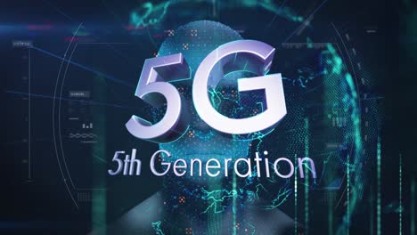 Animation-Von-5g-Text-über-Globus-Und-Digitalem-Menschen-Auf-Schwarzem-Hintergrund