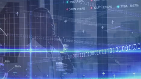 in office, business professional analyzing digital data with binary code animation