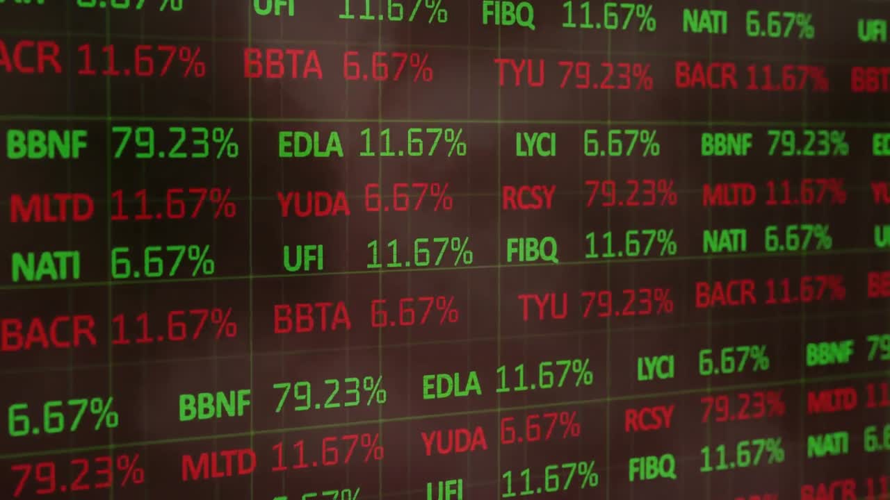 Animazione di elaborazione di dati finanziari su nuvole e cielo