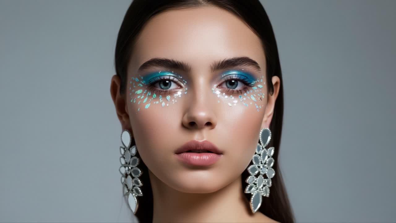 A Stunning Beauty Portrait Featuring Bold Artistic Makeup and Elegant Jewelry, Showcasing Intricate Designs and Vibrant Colors to Captivate the Audience's Attention
