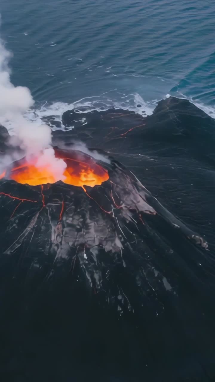 Vertical video: Circling erupting volcanic cone emitting red lava at ocean island, with steam plume