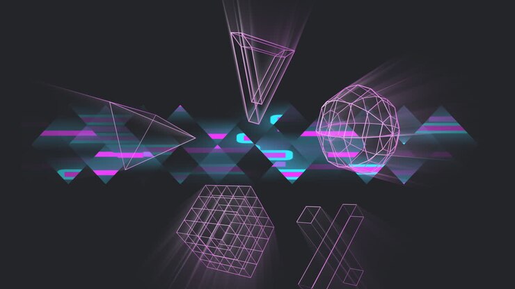 Animation von 3D-Formen, die sich über Lichtspuren bewegen