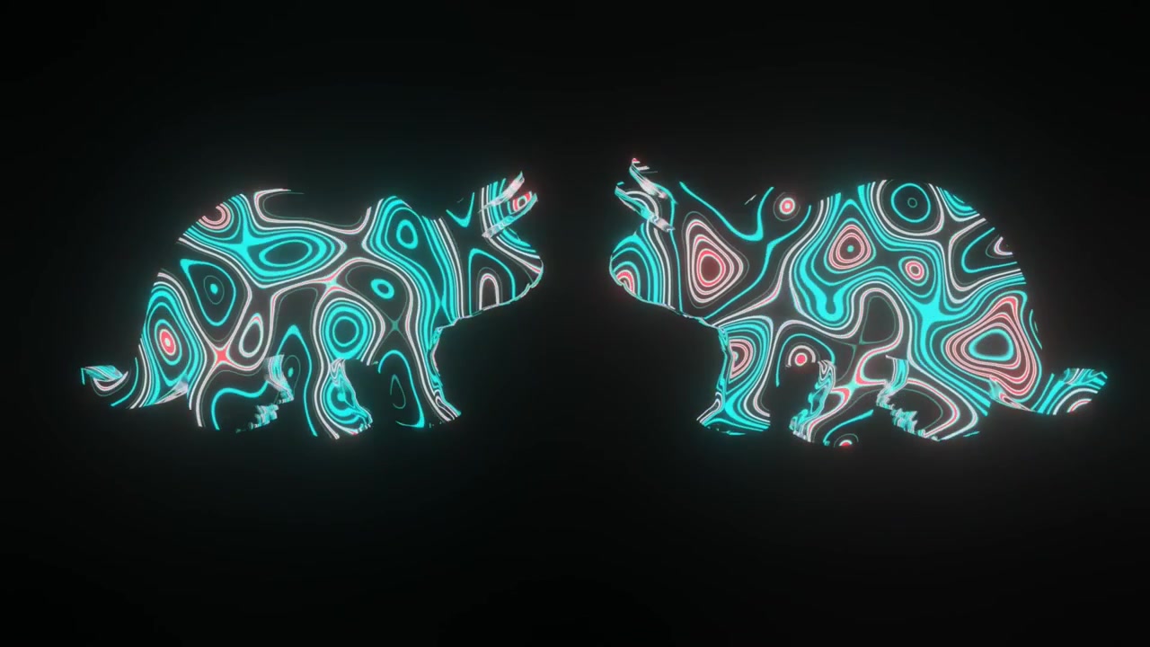 4k video animation of beautiful texture or pattern formation on the two small dinosaurs body shape, isolated on black background. 3d rendering abstract loop animation neon lighting effect on dinosaur.
