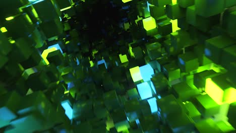 abstract flying in futuristic corridor, seamless loop 4k background, fluorescent ultraviolet light, glowing colorful neon cubes, geometric endless tunnel, green blue spectrum, 3d render